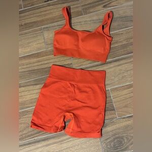 Orange Ribbed Sports Bra and Shorts Set